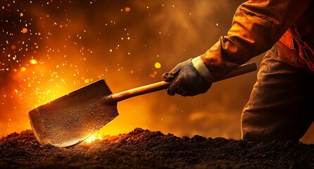 Aufkleber - Close-up of a worker using a shovel to move molten material in a dynamic and heated setting : Generative AI