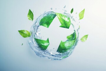 Poster - Recycling symbol combining flowing water and green leaves in clean and soft tones for environmental protection awareness and sustainability