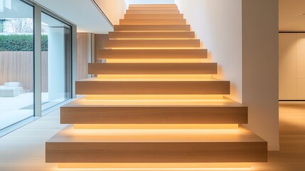 Poster - Modern illuminated wooden staircase inside a stylish home highlighting elegant lines and bright interior atmosphere : Generative AI
