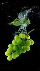 Aufkleber - A bunch of green grapes in the foreground against a black background.