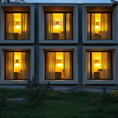 Poster - A modern structure with a window grid, some windows lit, showing a mix of curtain colors and reflections