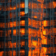 Poster - An intimate view of a cityscape, presenting tall structures with reflective windows aglow in sunset's warm orange hues