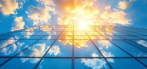 Poster - A sleek, modern facade with glass windows that reflect sunlight and showcase urban architecture