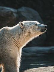Poster - Polar bear walking slowly in side view under cold light showcasing its smooth fur in a serene landscape