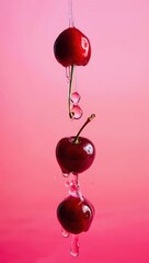 Aufkleber - A string of red cherries hanging from the ceiling, each attached to a stem, dripping water droplets.