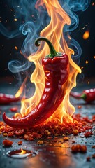 Aufkleber - A red chili pepper on fire surrounded by more chilies.