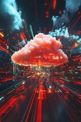 Poster - Futuristic cityscape with vibrant cloud and lights