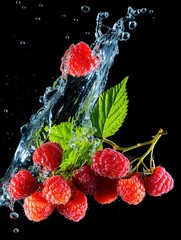 Fototapete - A bunch of red raspberries in water droplets, against black background.