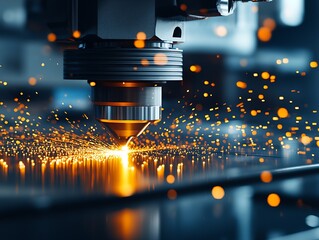 Leinwandbilder - Dynamic laser cutting in action producing bright sparks in a modern manufacturing environment : Generative AI