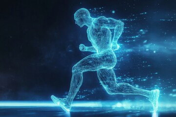 Leinwandbilder - Runner silhouette in vibrant glowing wireframe mesh displays strength and motion in a dynamic freeze frame