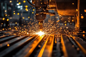 Poster - Dynamic close up of a metal cutting process showcasing sparks flying in an industrial setting : Generative AI