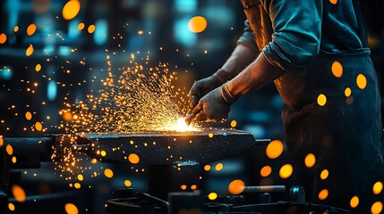 Fototapete - Artisan at the Anvil Generating Bright Sparks in a Professional Blacksmith Shop : Generative AI