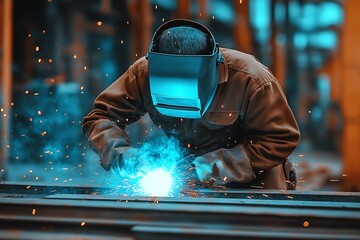 Leinwandbilder - Dedicated welder focused on precision welding of metal with vibrant sparks in a workshop : Generative AI