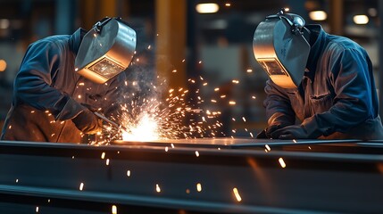 Poster - Collaborative welding action in a busy workshop featuring two workers expertly managing metal work and sparks : Generative AI