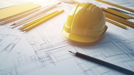 Poster - Stylish workspace showcasing a yellow hard hat, blueprints, and stationery for construction design : Generative AI