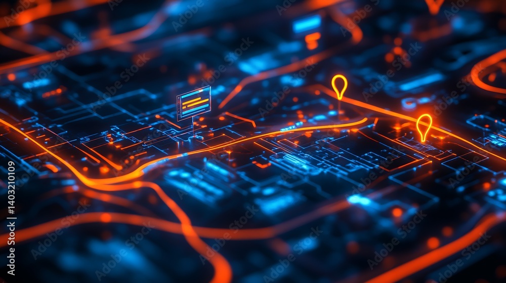 Dynamic map interface with illuminated routes and pinpointed locations ...