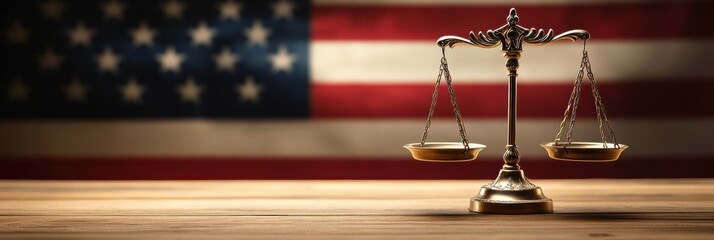 Poster - Scales of justice stand before a waving national flag representing the balance of power and law in society
