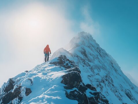 A lone climber ascends a snowy mountain peak under a bright sky.