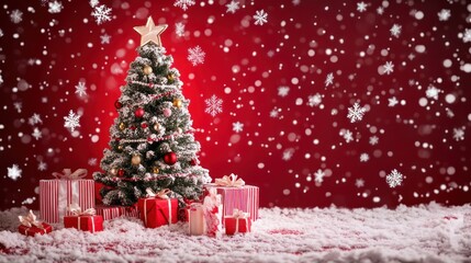 Poster - festive christmas scene with decorated tree and presents surrounded by gentle snowfall creating a warm and inviting holiday atmosphere on a red backdrop