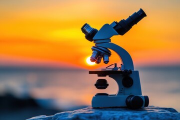 Poster - Microscope silhouetted against a vibrant sunset by the beach highlighting science and nature