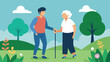 © Justlight - Nature Walk An elderly woman using a cane walking alongside a teenage boy both enjoying a nature trail surrounded by trees and flowers sharing a conversation.