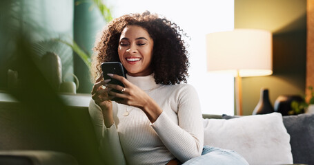Fototapete - Relax, texting and woman with smartphone, home and smile for communication with contact and online. Resting, connection and person with mobile for chat, happy and girl with tech for message in house