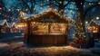 © jogeromonstero - Festive Christmas market stall at night.  Cozy wooden chalet with twinkling lights, snow-covered ground, and decorations
