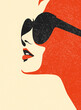 © Khorzhevska - Fashionable charming brunette girl. Young beautiful fashion woman with sunglasses Abstract female face, contemporary design drawing in retro style placard, vector illustration