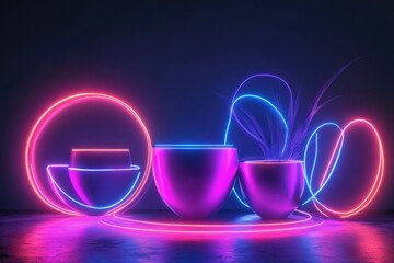 Poster - Neon illuminated bowls and shapes create a vibrant abstract composition in a dark space
