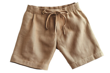 elegant beige linen shorts featuring a drawstring waist and subtle texture against a black backgroun