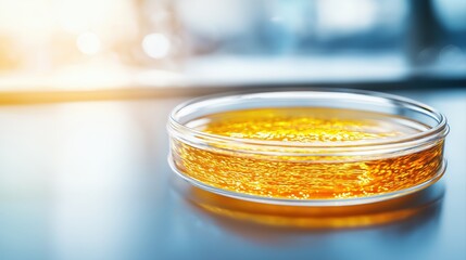 Poster - Bright Amber Liquid in Petri Dish Displaying Reflection and Light Effects on Table Surface