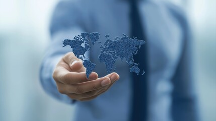 Poster - Businessman Holding Digital World Map with Blue Tones for Global Connectivity Concept