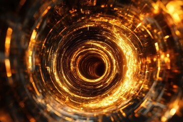 Poster - Swirling golden vortex with glowing particles in a dark space environment