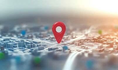 Fototapete - Location pin icon on earth city urban map indicating the location and direction, Red geopin Geolocation map mark Pin location pointer, Navigation icon , -