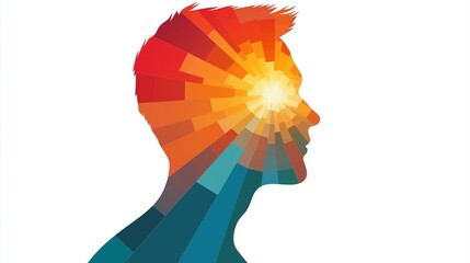 Poster - Abstract Representation of Human Silhouette with Colorful Sunburst Design in Profile View
