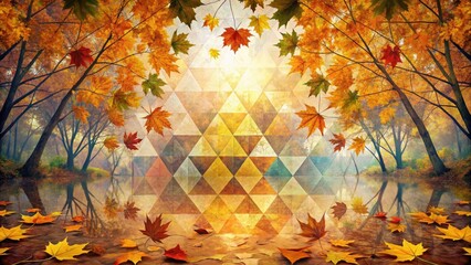 Canvas Print - geometrical shapes dominate a serene autumn landscape with intricate patterns of fallen leaves , abs
