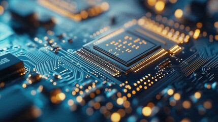 Poster - Close-up of electronic microchip on a luminous circuit board with detailed connections