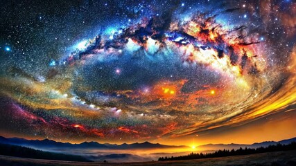 Wall Mural - cosmic sunset a breathtaking blend of celestial hues and mountain majesty