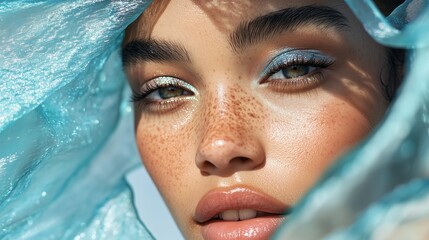 Poster - Striking close-up of a model with radiant makeup and vibrant blue fabric against a bright background