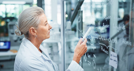 Poster - Woman, scientist and thinking with glass board for equation, problem solving or medical trial at lab. Female person, research or analysis with chemical formula, molecule development or clinic results