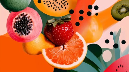 Poster - colorful assortment of fresh fruits arranged creatively on a vibrant background