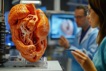 Poster - Medical professionals study a detailed heart model in a modern laboratory setting