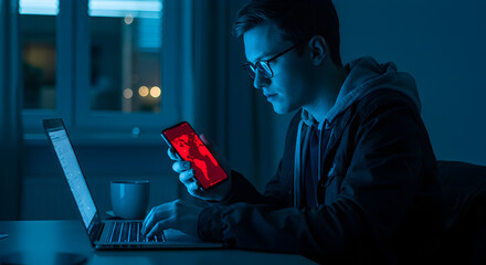 Poster - Young Man Using Laptop and Mobile Phone at Night with Red World Map Displayed on Screen in a Dark Blue Room