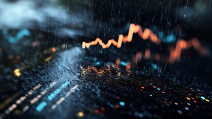 Poster - Rain falls over stock market data visualization with vibrant colors and fluctuating graphs displayed on a wet surface