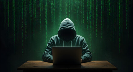 Poster - Silhouette of Hooded Hacker Using Laptop with Falling Green Binary Code on Dark Background