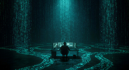 Poster - Silhouette of Hacker Working With Multiple Screens in Binary Data Streams Cyber Security