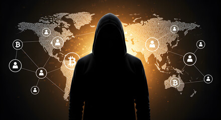 Poster - Silhouette of a Hacker in Hoodie with Abstract Global Network and Futuristic Cyber Security Concept
