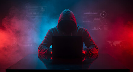 Poster - Silhouette of a Hacker in Hoodie Using Laptop with Red and Blue Light in a Smoky Room with Dark Background