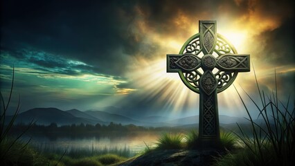 Wall Mural - Celtic Cross Silhouette on Black Background with Nature Elements , abstract, spiritual,  abstract, spiritual, celtic cross
