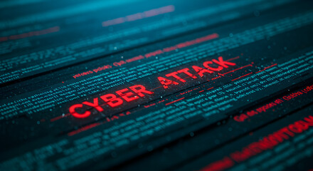 Aufkleber - Red Cyber Attack Text on Dark Blue Digital Background with Lines of Code Concept